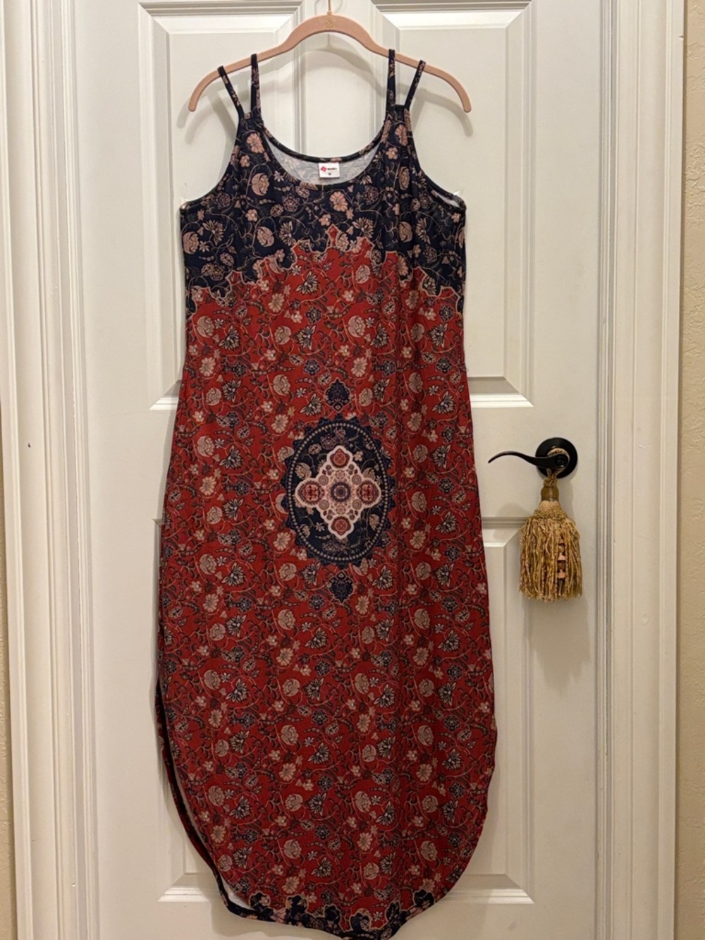 Wiholl. Red Paisley Maxi Dress with Navy Medallion‎ Detail Medium